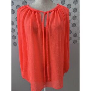 Vince Camuto Neon‎ Orange Sheer Tie Blouse Size Small